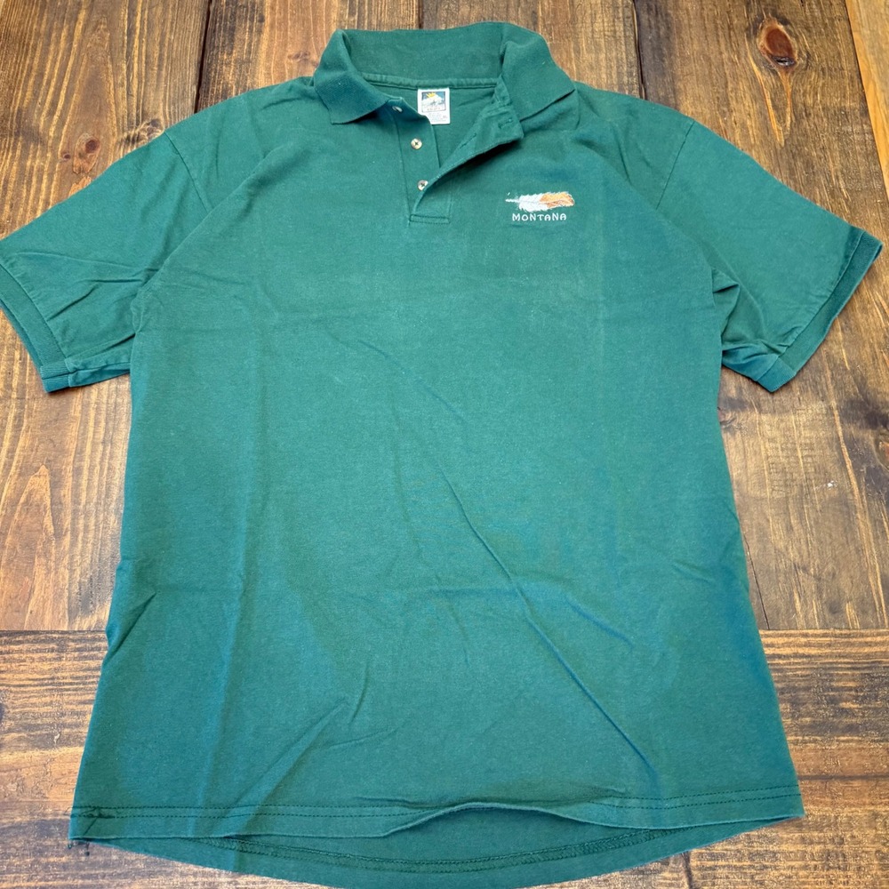 Cotton Deluxe Montana Feather‎ Embroidered Polo Shirt Mens XL Green Short Sleeve